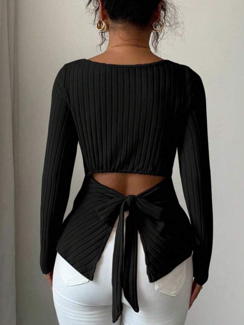 Black Ribbed Long-Sleeve Tie-Back Top